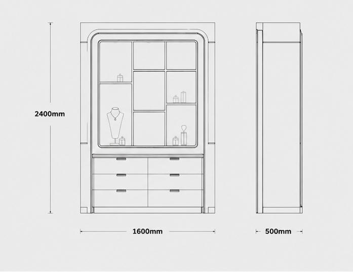 CAD drawing grid shelf cabinet segmented wall showcase backlit niche unit drawer jewel wallcase storage jewelry hutch dimension layout