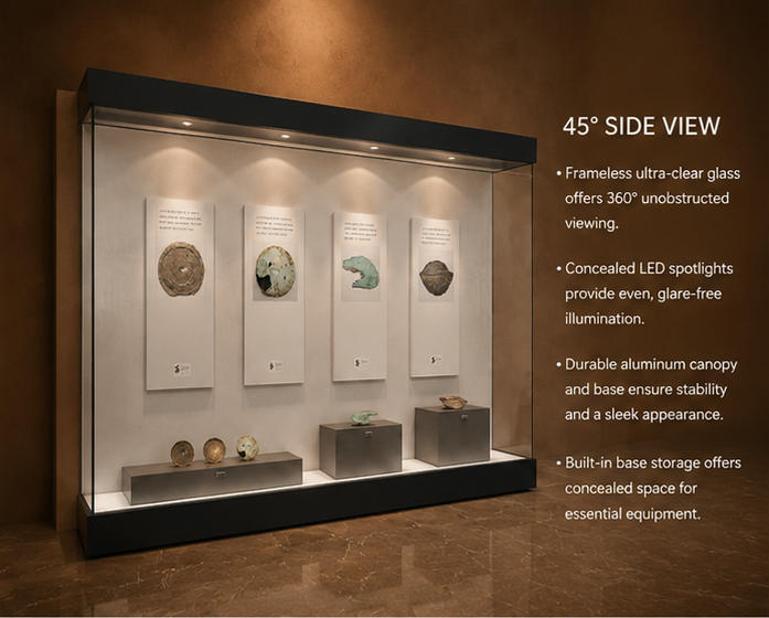 Close-up UV glass, hanging plaque booth, stepped tier podium case inside dual-layer wall vitrine