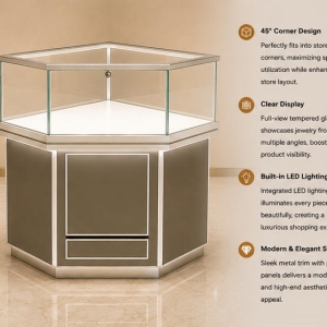 Upright Jewelry Corner Showcase | Silver Frame Tall Corner Glass Display Cabinet - SUNZEN 3 Hexagon Upright Jewelry Corner Showcase Silver Frame Tall Glass Cabinet Render