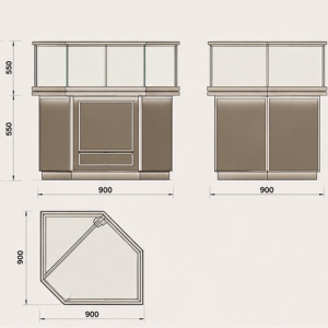 Upright Jewelry Corner Showcase | Silver Frame Tall Corner Glass Display Cabinet - SUNZEN 4 Hexagonal Vertical Outline & Full Glass Enclosure Mechanical CAD Drawing