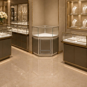 Upright Jewelry Corner Showcase | Silver Frame Tall Corner Glass Display Cabinet - SUNZEN 6 Hexagon Upright Silver Frame Jewelry Corner Showcase Mall Boutique Wall Installation Shot