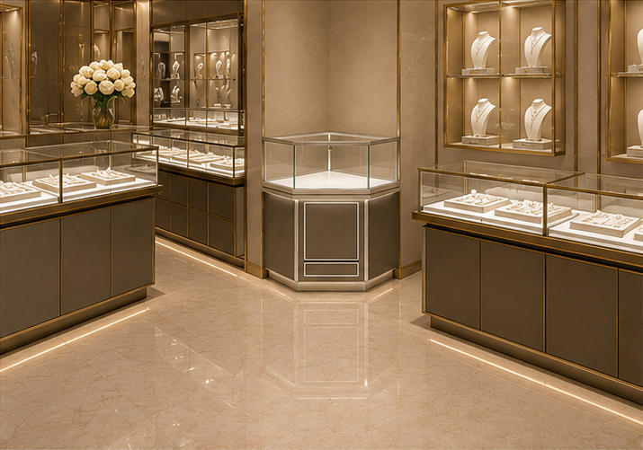 Hexagon Upright Silver Frame Jewelry Corner Showcase Mall Boutique Wall Installation Shot