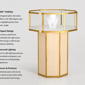 Jewelry Hexagon Pedestal Showcase | Light Wood Gold Frame Tall Display Tower – Sunzen 4 45 Degree Full Render of Light Wood Gold Edge Hexagon Vertical Jewelry Tower
