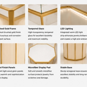 Jewelry Hexagon Pedestal Showcase | Light Wood Gold Frame Tall Display Tower – Sunzen 5 Material & Craft Close-up of Light Wood Gold Edge Hexagon Jewelry Pedestal Showcase
