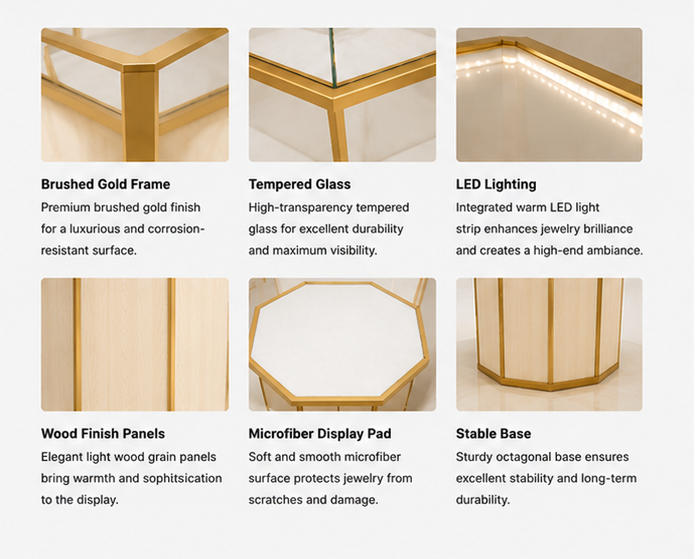 Material & Craft Close-up of Light Wood Gold Edge Hexagon Jewelry Pedestal Showcase