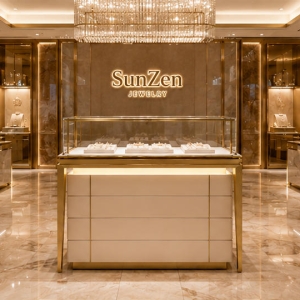 Gold Frame Jewelry Vitrine | Drawer Base Retail Booth Rectangle Glass Top Case Under Cabinet Light Unit Luxury Gem Display Cabinet 3 On-site render gold frame jewelry vitrine under cabinet light unit luxury gem display cabinet installed in modern luxury gem jewelry retail boutique