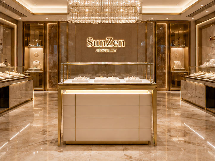 On-site render gold frame jewelry vitrine under cabinet light unit luxury gem display cabinet installed in modern luxury gem jewelry retail boutique