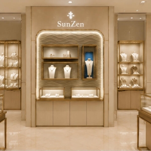 Wave Texture Niche Wall | Multi Tier Glass Cubby Backlit Brand Header Panel Lower Cream Drawer Bank Rounded Gold Arch Display Unit 6 On-site render rounded gold arch display unit wave texture niche wall installed as flagship store entrance core brand image backdrop for luxury fine jewelry brand