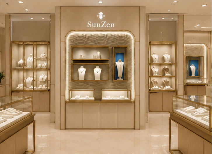On-site render rounded gold arch display unit wave texture niche wall installed as flagship store entrance core brand image backdrop for luxury fine jewelry brand
