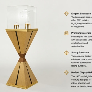 Jewelry Hourglass Pedestal Stand | Gold Wood Square Glass Display Tower – Sunzen 4 45 Degree Full Render of Gold Wood Hourglass Vertical Art Jewelry Showcase