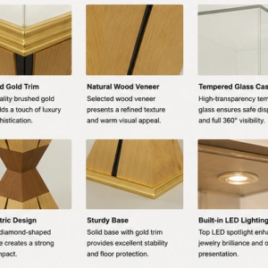 Jewelry Hourglass Pedestal Stand | Gold Wood Square Glass Display Tower – Sunzen 5 Material & Craft Close-up of Gold Wood Hourglass Vertical Jewelry Pedestal Stand
