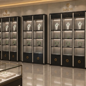 3-Grid Wood Jade Jewelry Wall Cabinet | Vertical Multi-Shelf Glass Display Unit – Sunzen 6 Real Installation Shot In Jade Jewelry Boutique