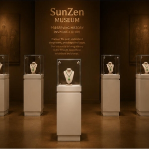 Jade Pendant Vitrine | Mini Square Jewel Booth Tall Slim Pedestal Case Spot Light Jewelry Unit Gem Artifact Display Cabinet 6 On-site render jade pendant vitrine spot light jewelry unit gem artifact display cabinet installed in jade gem culture museum exhibition aisle