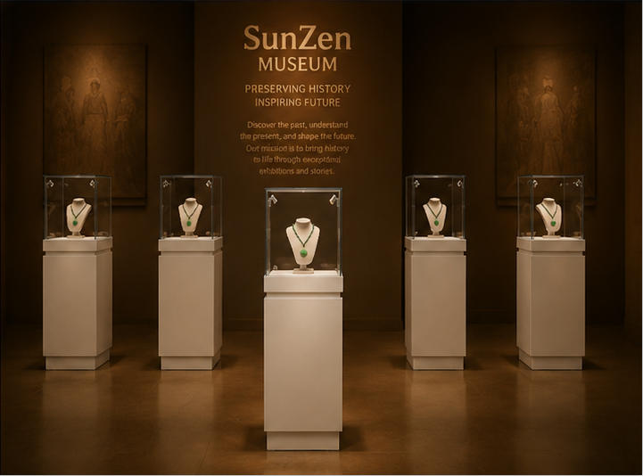 On-site render jade pendant vitrine spot light jewelry unit gem artifact display cabinet installed in jade gem culture museum exhibition aisle