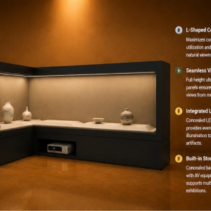 L Corner Wall Vitrine | Dual Side Artifact Booth Built-In Gear Heritage Case Two Way Linear Exhibit Unit Recess Equipment Display Cabinet 4 Close-up 90° dual side UV glass, top continuous LED light strip, front hidden recess equipment compartment inside l corner wall vitrine two way linear exhibit unit