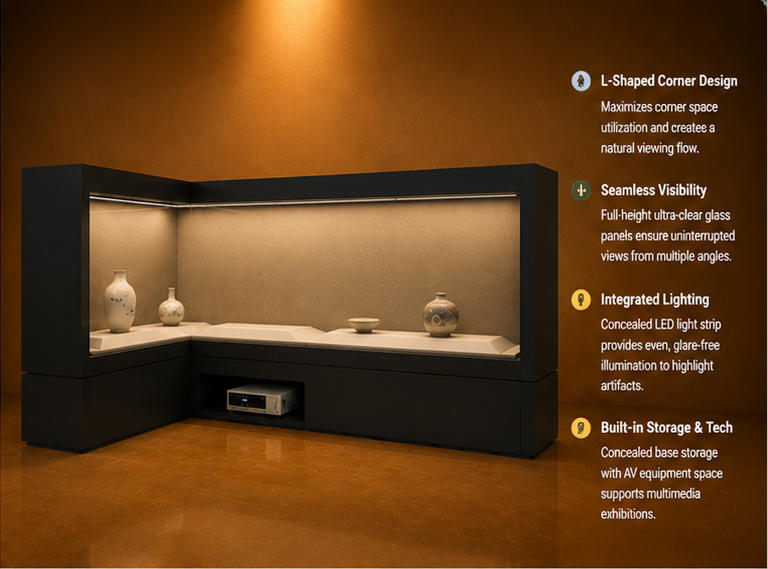 Close-up 90° dual side UV glass, top continuous LED light strip, front hidden recess equipment compartment inside l corner wall vitrine two way linear exhibit unit