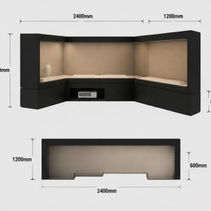 L Corner Wall Vitrine | Dual Side Artifact Booth Built-In Gear Heritage Case Two Way Linear Exhibit Unit Recess Equipment Display Cabinet 3 CAD layout l corner wall vitrine dual side artifact booth built-in gear heritage case two way linear exhibit unit recess equipment display cabinet dimension drawing
