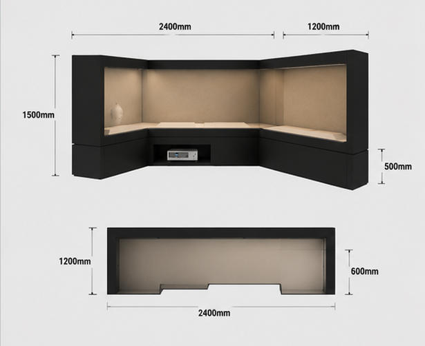 CAD layout l corner wall vitrine dual side artifact booth built-in gear heritage case two way linear exhibit unit recess equipment display cabinet dimension drawing