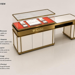 Jewelry L-Shaped Split Display Counter | White Gold Frame Red Liner Dual Zone Retail Showcase – Sunzen 4 45 Degree Full Render of White Gold Frame Red Liner Dual Zone L-Shape Jewelry Retail Showcase