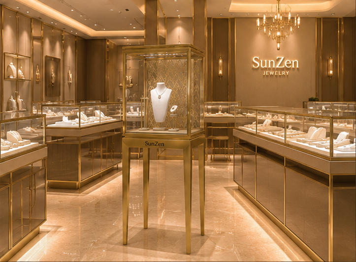 On-site render pattern gold back pedestal branded tall gem stand arranged as window focal landmark inside light luxury jewelry boutique