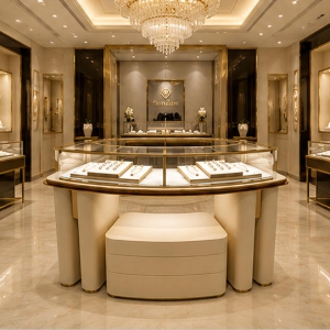 Jewelry Curved Island Counter | Cream Gold Frame Glass Display Table – Sunzen 6 Real Installation Shot In Light Luxury Fashion Jewelry Boutique Central Zone