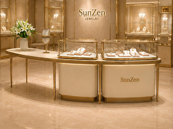 On-site render curved consultation counter combined client display station installed as VIP reception zone inside cream-gold luxury jewelry boutique