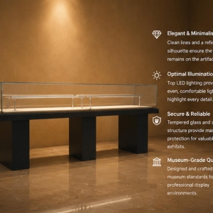 Multi Plinth Long Vitrine | Open Frame Horizontal Booth Linear Artifact Display Table Triple Support Exhibit Cabinet Long Linear Heritage Case 5 Close-up full-length low-iron UV glass rail, thin stainless steel support posts, full acid-free linen surface inside multi plinth long vitrine linear artifact display table