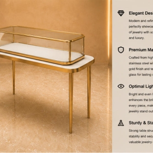 Raised Long Vitrine | Elevated Counter Stand Four Leg Slim Table - Sunzen 5 45° render raised long vitrine four leg slim table low profile glass tray elevated counter stand long narrow kiosk functional labels