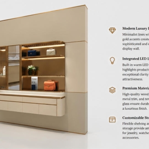Dual Compartment Wall Unit | Floating Cream Drawer Bank Gold Lit Shelf Niche Sliding Glass Display Bay Luxury Goods Backdrop Wall 4 Close-up perforated top spot ceiling, multi-tier gold illuminated open shelves, horizontal sliding glass compartment inside dual compartment wall unit gold lit shelf niche