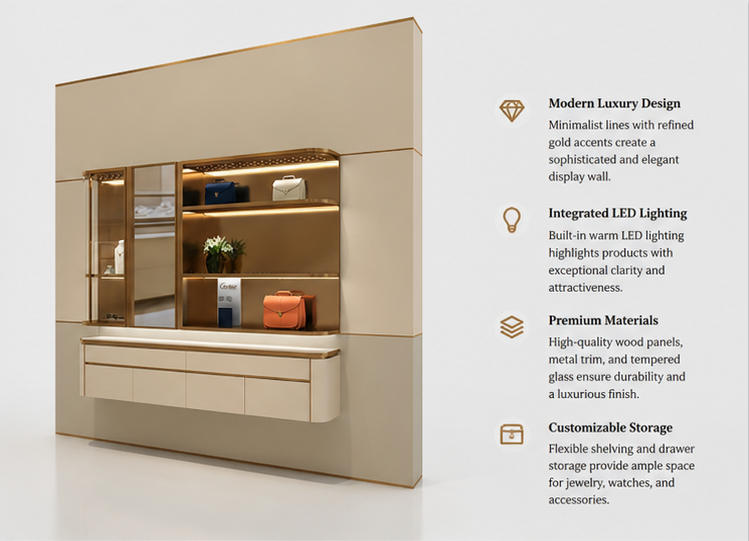 Close-up perforated top spot ceiling, multi-tier gold illuminated open shelves, horizontal sliding glass compartment inside dual compartment wall unit gold lit shelf niche