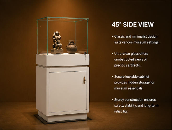 Close-up side lockable storage cabinet door, polished green glass edge, square top transparent glass cavity inside square storage vitrine side lock cabinet booth
