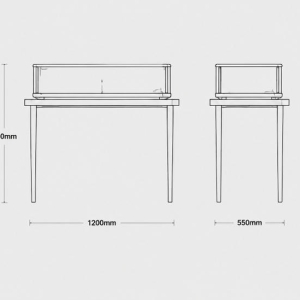 Raised Long Vitrine | Elevated Counter Stand Four Leg Slim Table - Sunzen 6 CAD drawing raised long vitrine four leg slim table low profile glass tray elevated counter stand long narrow kiosk dimension layout