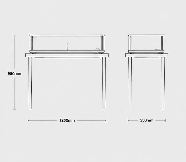 CAD drawing raised long vitrine four leg slim table low profile glass tray elevated counter stand long narrow kiosk dimension layout