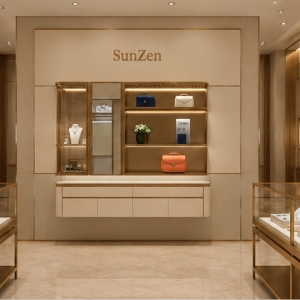 Dual Compartment Wall Unit | Floating Cream Drawer Bank Gold Lit Shelf Niche Sliding Glass Display Bay Luxury Goods Backdrop Wall 5 On-site render dual compartment wall unit luxury goods backdrop wall installed as full merchandise background wall inside high-end handbag & jewelry combined luxury boutique