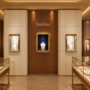 Triple Niche Brand Wall | Wood Cream Panel Wall Rounded Recess Vitrine Central Logo Backdrop Flanking Small Gem Booth 6 On-site render triple niche brand wall wood cream panel wall installed as flagship entrance brand image backdrop inside high-end luxury jewelry boutique