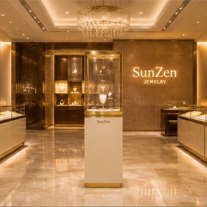 On-site render cream square pedestal gold frame tower vitrine branded gem display stand arranged in mall luxury jewelry store aisle landmark zones