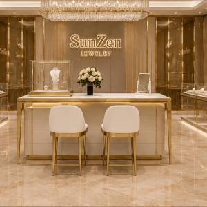Gold Consultation Counter | Built-In Side Cabinet Match Gold Stool Set Tabletop Mini Vitrine Jewelry Client Booth 6 On-site render gold consultation counter match gold stool set tabletop mini vitrine jewelry client booth installed in high-end luxury jewelry boutique consultation zone