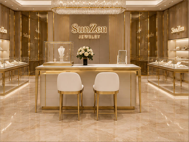 On-site render gold consultation counter match gold stool set tabletop mini vitrine jewelry client booth installed in high-end luxury jewelry boutique consultation zone