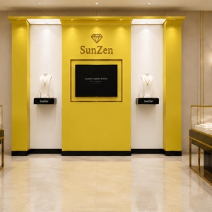 Jewelry Dual Niche Gold Accent Display Wall | Central Screen Brand Backdrop – Sunzen 6 Real Installation Shot In Modern Luxury Diamond Jewelry Boutique