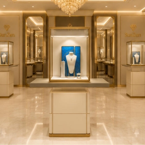 Jewelry Single Tower Display Stand | Gold Frame Blue Backdrop Pedestal Showcase – Sunzen 6 Real Installation Shot In Luxury Fine Jewelry Boutique Window Front