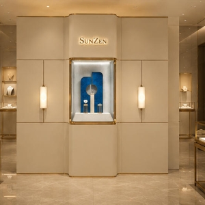 On-site render curved center niche wall gold trim modular display wall installed as flagship entrance core brand image backdrop for high-end watch & jewelry boutique