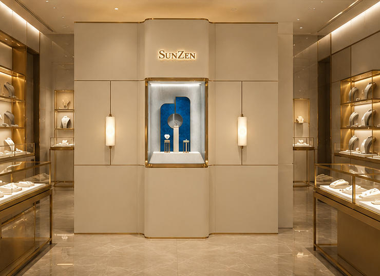 On-site render curved center niche wall gold trim modular display wall installed as flagship entrance core brand image backdrop for high-end watch & jewelry boutique