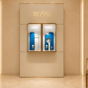 Dual Recess Niche Wall | Double Gold Frame Vitrine Blue Velvet Accent Panel Three Band Cream Wall Divided Gem Backdrop Unit 6 On-site render dual recess niche wall divided gem backdrop unit installed as symmetrical grouped merchandise background wall inside minimalist luxury jewelry boutique