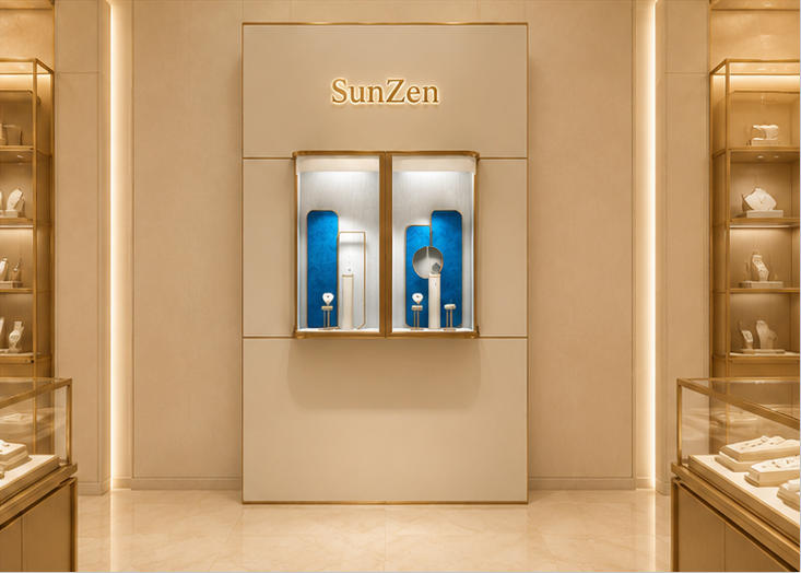 On-site render dual recess niche wall divided gem backdrop unit installed as symmetrical grouped merchandise background wall inside minimalist luxury jewelry boutique
