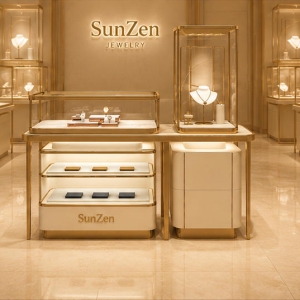 On-site render combined jewelry display set mixed gem retail suite arranged as core retail display zone inside cream-gold light luxury jewelry boutique