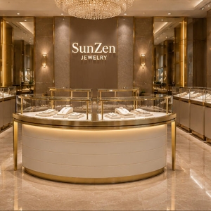 On-site render curved cream jewelry counter round layered base unit center gem display island placed as central focal island inside luxury mall jewelry boutique