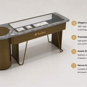 Jewelry Marble Oval End Recessed Glass Display Counter | Bronze Cylinder V-Leg Asymmetrical Retail Showcase – Sunzen 4 45 Degree Full Render of Grey Vein Marble Bronze Cylinder V-Leg Asymmetrical Recessed Glass Jewelry Showcase