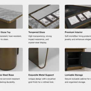 Jewelry Marble Oval End Recessed Glass Display Counter | Bronze Cylinder V-Leg Asymmetrical Retail Showcase – Sunzen 5 Material & Craft Close-up of Grey Vein Marble Bronze Cylinder Recessed Sunken Glass Jewelry Display Counter