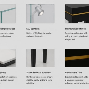 Four Leg Vitrine | Gold Trim Jewel Booth Slender Black Tall Case Mini Cube Glass Unit Red Vase Relic Cabinet 5 Material close-up matte black slender four-legged support frame, thin metal gold trim, low iron clear detachable glass hood for slender black tall case red vase relic cabinet