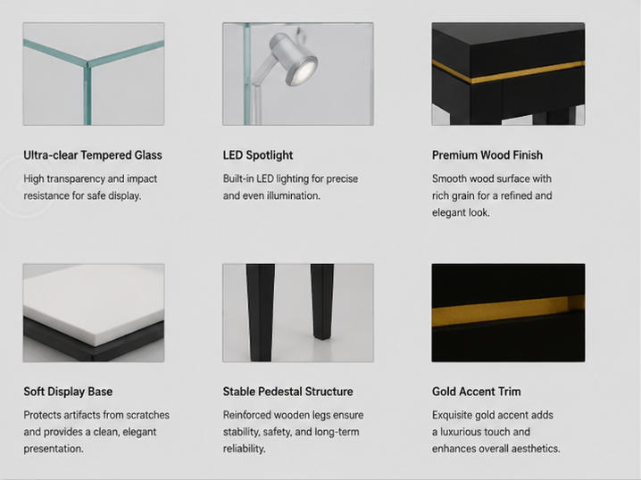 Material close-up matte black slender four-legged support frame, thin metal gold trim, low iron clear detachable glass hood for slender black tall case red vase relic cabinet